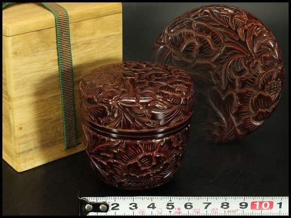 【銀閣】茶道具 村上 堆朱 刻 纏牡丹 棗 作暦栞 旧家蔵出 送料無料(RC925)拍卖