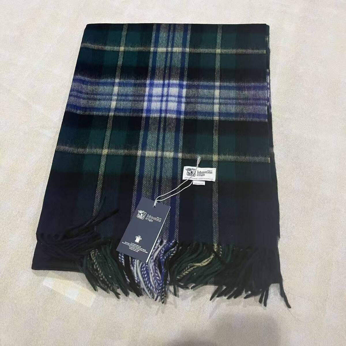 新品未使用 ジョンストンズ カシミヤ100% 大判ストール スコットランド 緑拍卖