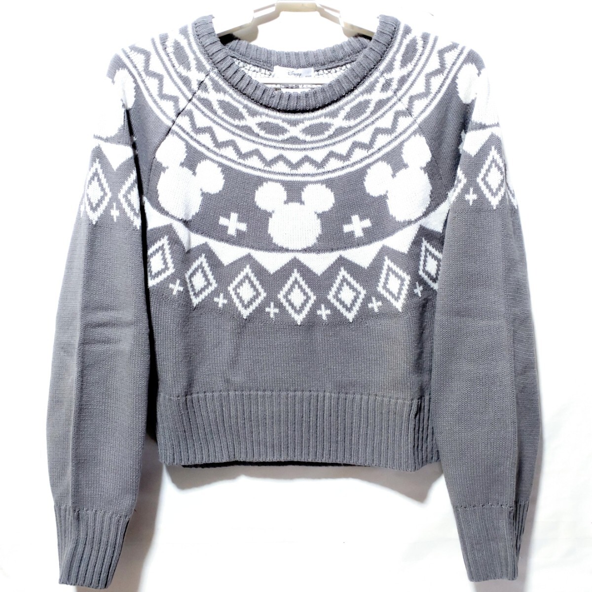 特価/未使用【サイズ=M/レディス】Disney/Mickey/ディズニー/ミッキー/ニット/セーター/胸囲=79~87cm/gray×white拍卖