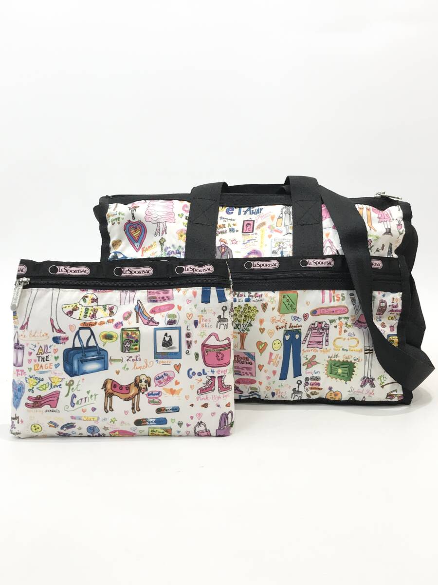 【2点セット】 USA製 LeSportsac CAREFULLY 2way ショルダー ハンドバッグ ボストン 鞄 ポーチ 総柄 マルチカラー レスポートサック■1117S拍卖