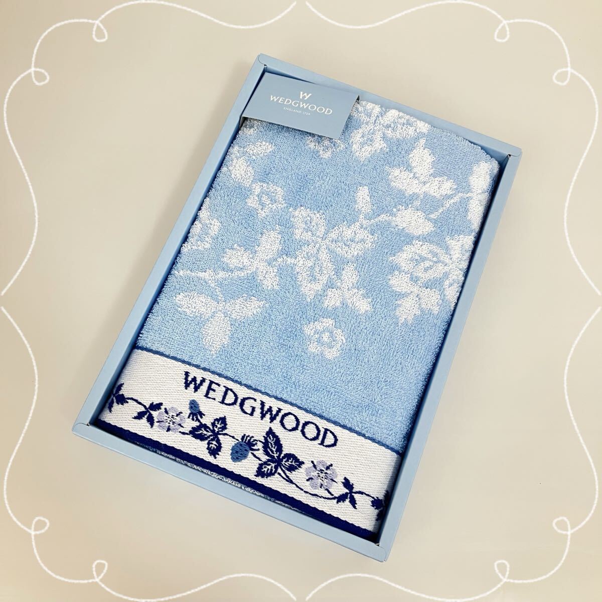TA■ 未使用 WEDGWOOD ウェッジウッド フェイスタオル 1枚 箱入り 水色 花柄 刺繍 34cm×75cm 綿100 タオル タオルギフト ギフト 西川産業拍卖