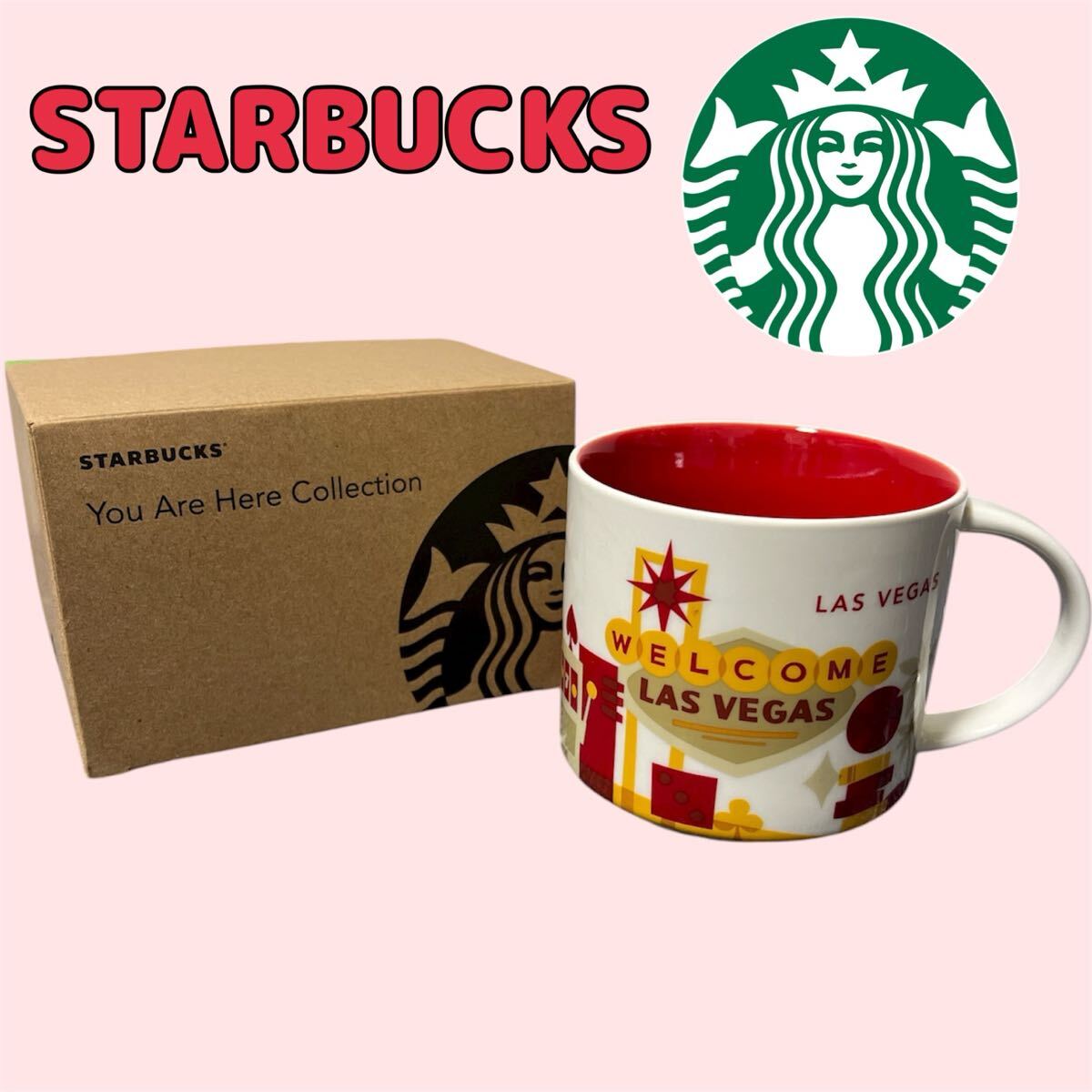 SI■ 未使用 STARBUCKS スターバックス マグカップ 白×赤 食器 ラスベガス 海外 おしゃれ スタバ コップ カップ 柄物 限定 箱入り拍卖