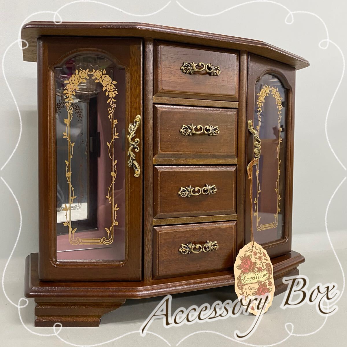 SU■未使用■ G-Wood アクセサリーボックス オルゴール付き 木製 4段引き出し 開き戸 鏡 ジュエリーボックス 小物入れ アンティーク拍卖