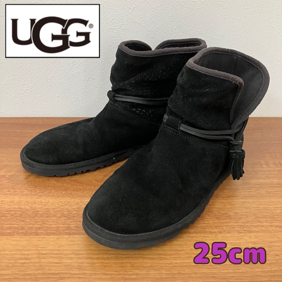 TA■ UGG アグ ショートブーツ 25cm レディース 黒 ブラック スエード 紐付き ショート ブーツ 靴 シューズ 冬 暖かい おしゃれ ムートン拍卖