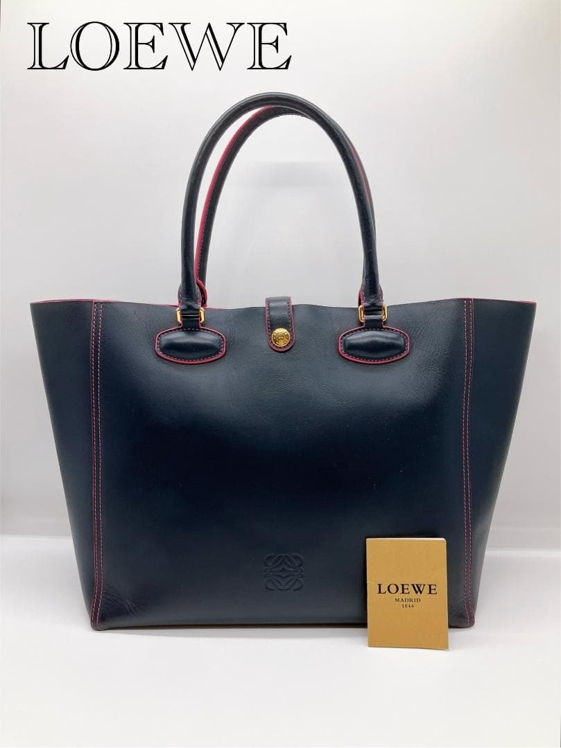 LOEWE アナグラム トートバッグ ハンドバッグ バッグ レザー 紺×ピンク拍卖