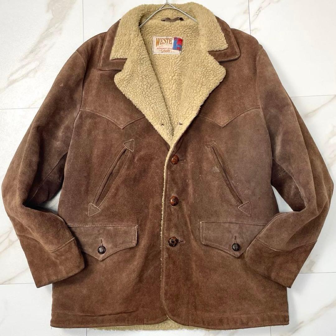 【希少】80's Schott ショット ウエスタン スエード ボア ランチジャケット 42 本革 レザー くるみボタン コート Vintage 古着 アメカジ 茶拍卖