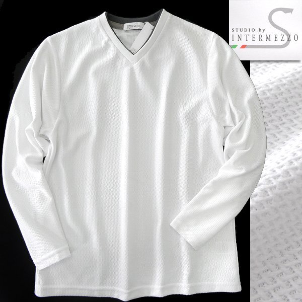 新品 インターメッツォ ハニカムメッシュ Vネック カットソー L 白 【I42464】 STUDIO by INTERMEZZO メンズ Tシャツ ロンT拍卖