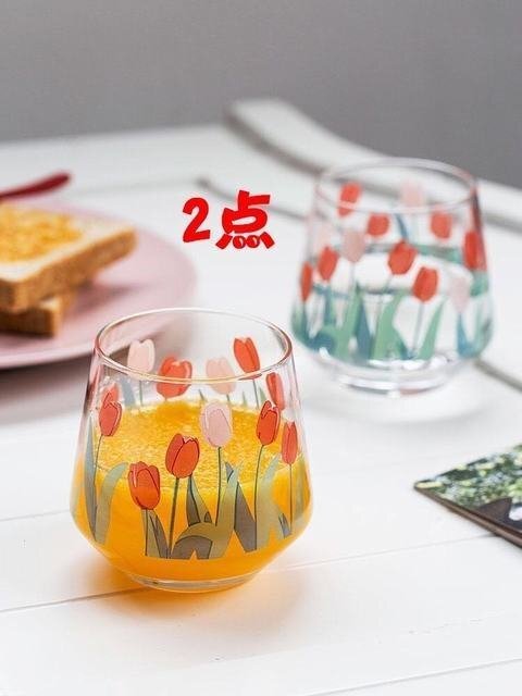 大人気牛乳カップ チューリップ柄グラス2点セット インテリア 北欧風拍卖