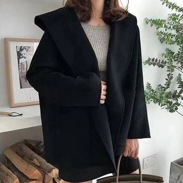 レディース ドルマン アウター コート ジャケット ポンチョ カジュアル 防寒 フード付き ピーコート ブラックS拍卖