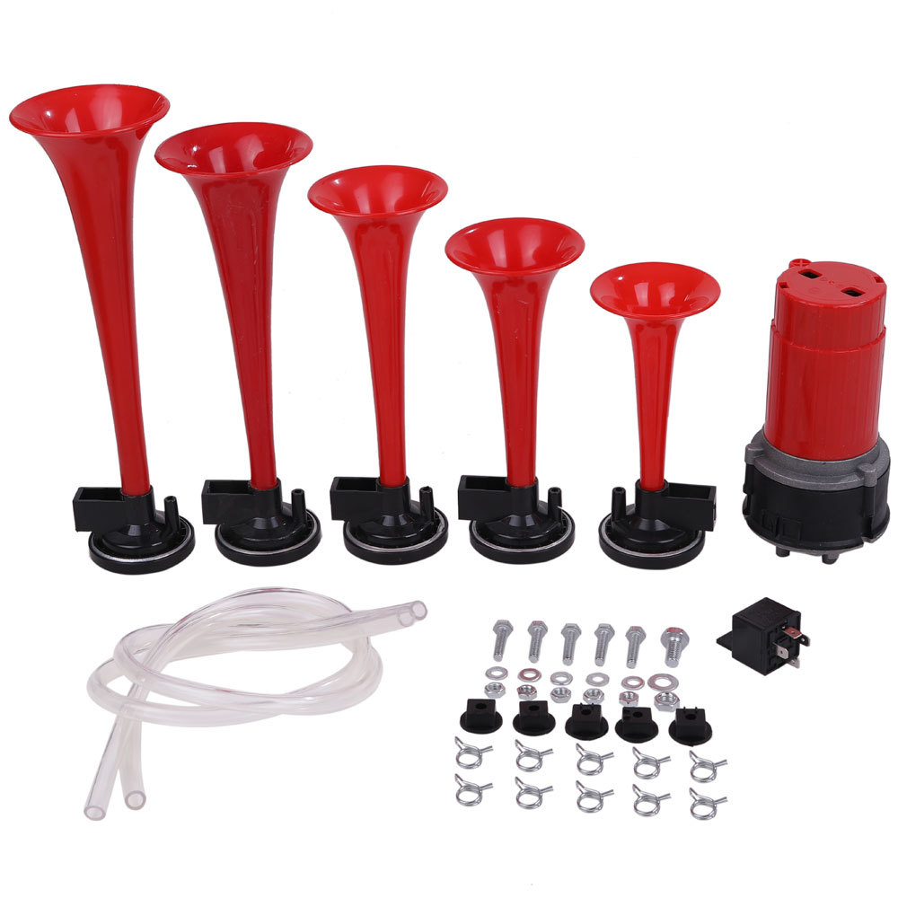 ラッパ ホーン 5連 ミュージック エアホーン ヤンキーホーン 12V 車 バイク 赤 レッド KRB270拍卖