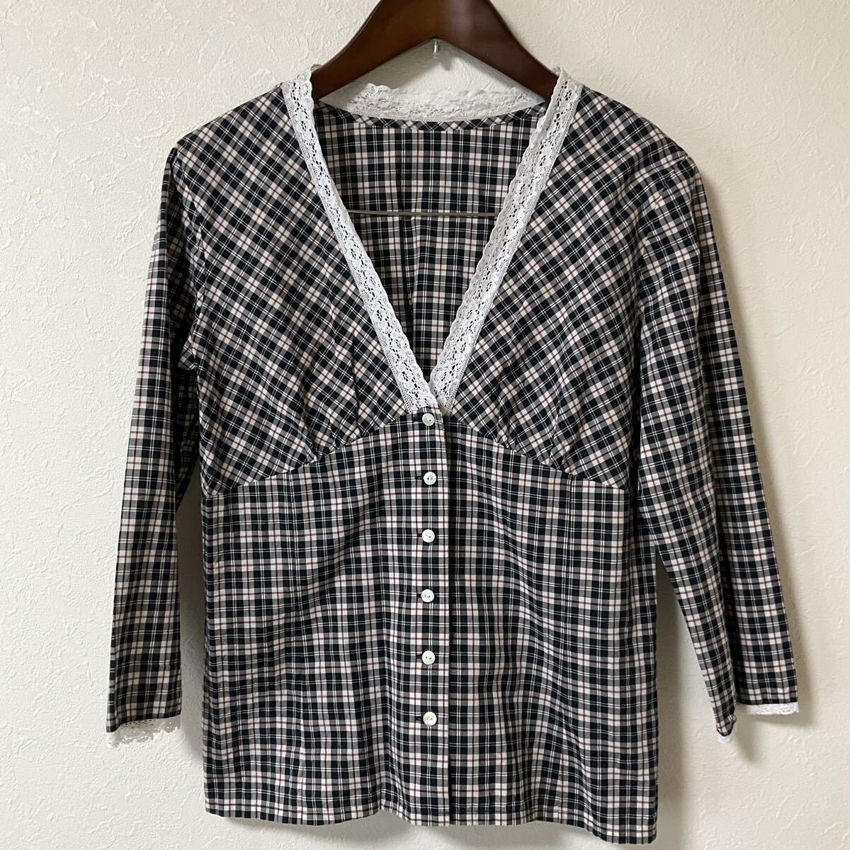 【超美品】ニューヨーカー ブラウス 9R チェック カットソー レース 七分袖拍卖