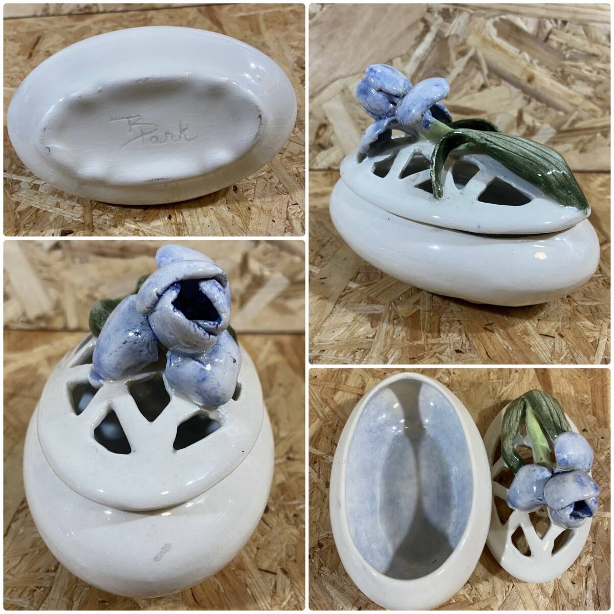 サイン入り アート陶器 ポプリポット風 小物入れ 蓋付き 花装飾 B.Park 作風拍卖