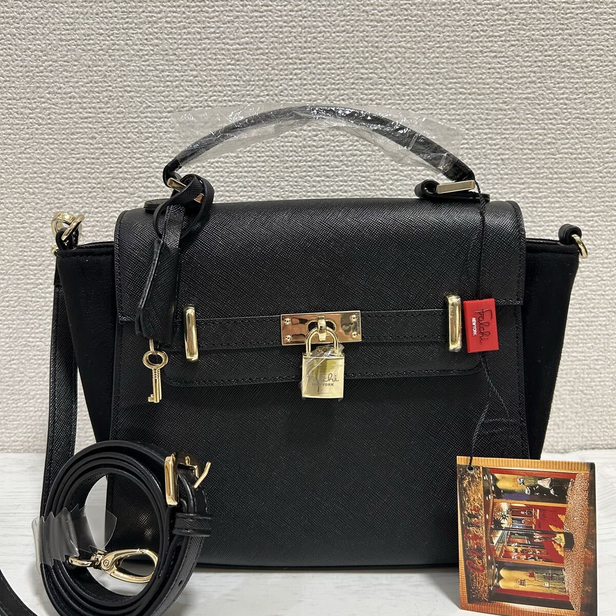 未使用 訳あり ファルチニューヨーク レディース 2way ショルダーバッグ ハンドバッグ 黒色 ブラック ゴールド金具 カデナ レザー 舟形拍卖