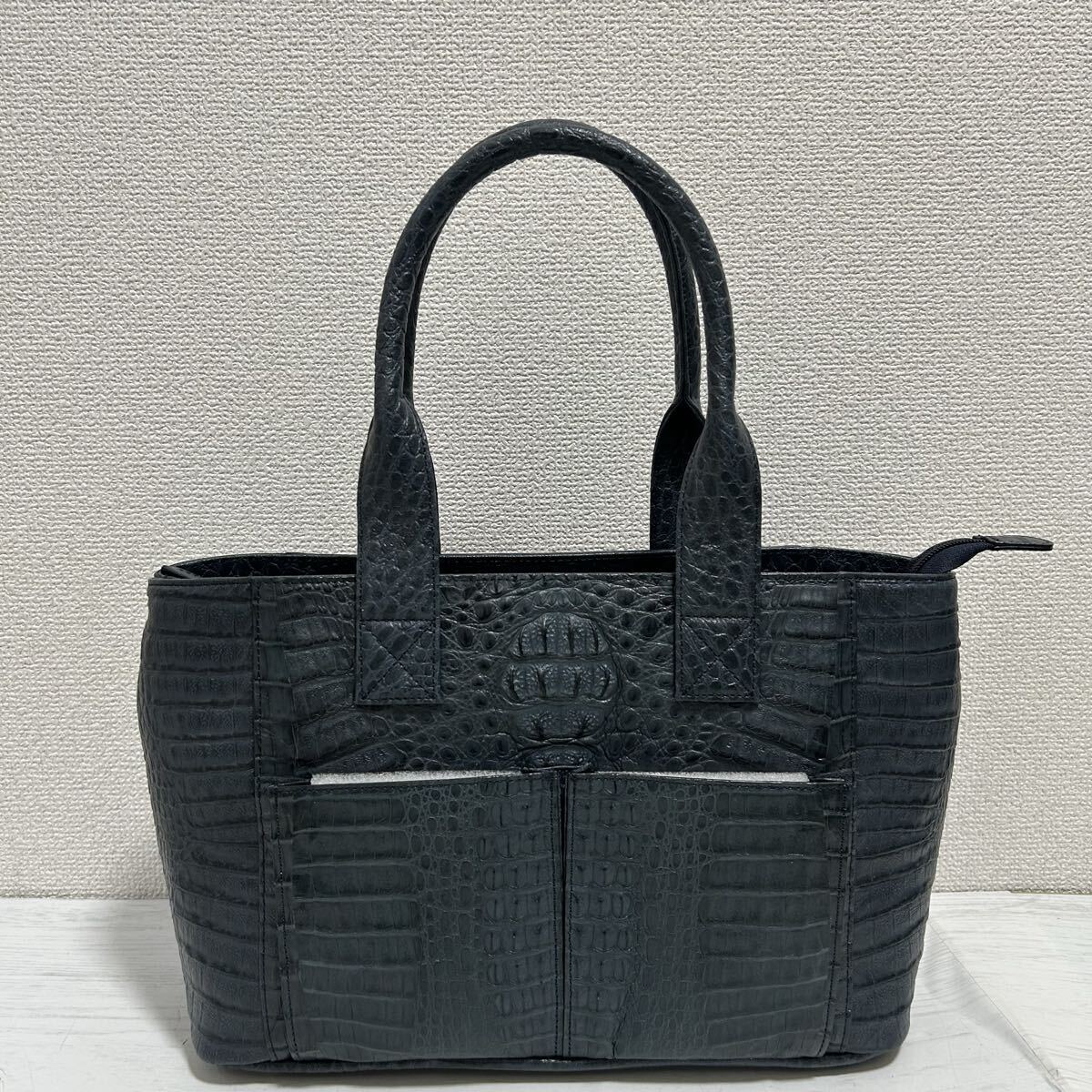 極美品 レディース メンズ トートバッグ ハンドバッグ カバン クロコ型押し クロコダイル型押し 紺色 ネイビー レザー 拍卖