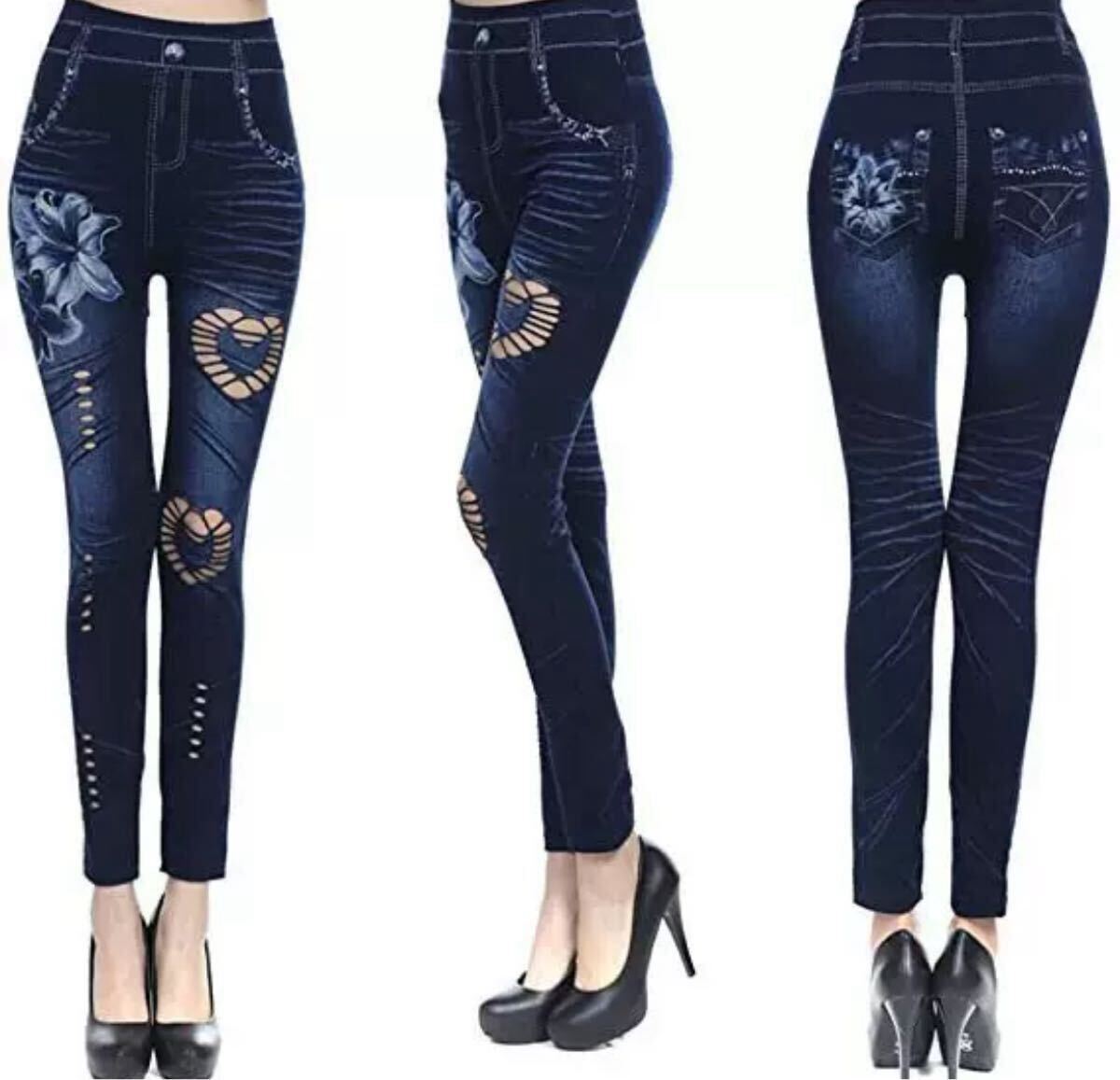 新品 お洒落 ブルー デニム ハート  トレンカ スパッツ ヨガスパッツ ヨガパンツ レギンス 美脚レギンス パンツ 九分丈 ヨガウェア拍卖