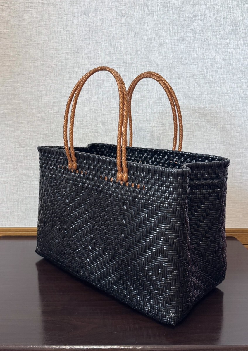 【ラスト1点】 プラカゴ メルカド 大容量 トートバッグ パサールバッグ 模様編み 細あみ ブラック かごバッグ XL ハンドメイド拍卖