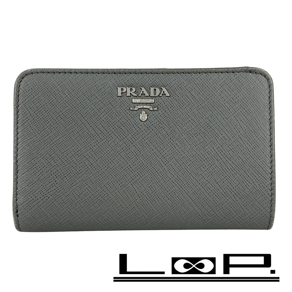 ■美品■ プラダ L字型 ジップ 二つ折り 財布 ウォレット サフィアーノ グレー 1ML225 箱 【472312】11拍卖