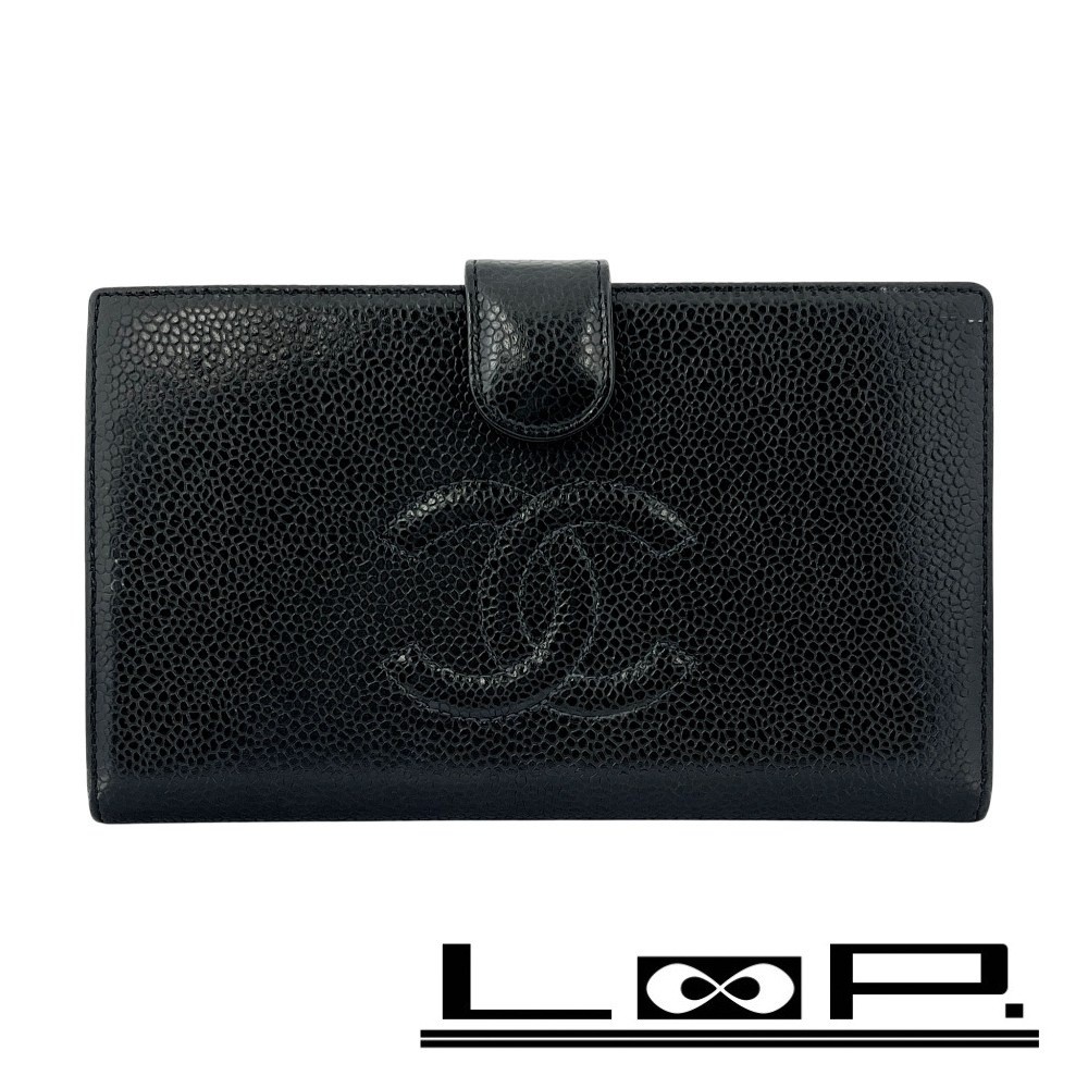 ■中古■ シャネル がま口 二つ折り 長財布 ウォレット キャビアスキン ブラック 【462009】10拍卖