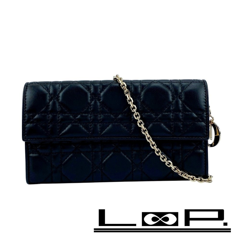 ■未使用■ ディオール チェーンウォレット 長財布 パーティー レザー ブラック 箱 【483523】5拍卖