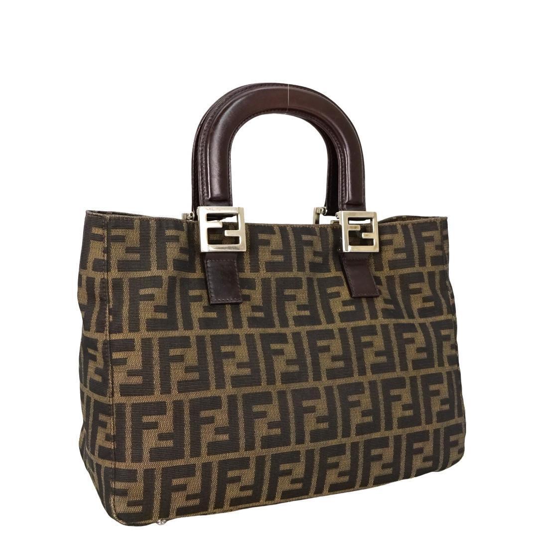 本物 良品 ■フェンディ■ズッカ キャンバス ブラウンレザー シルバー トートバッグ ハンドバッグ拍卖
