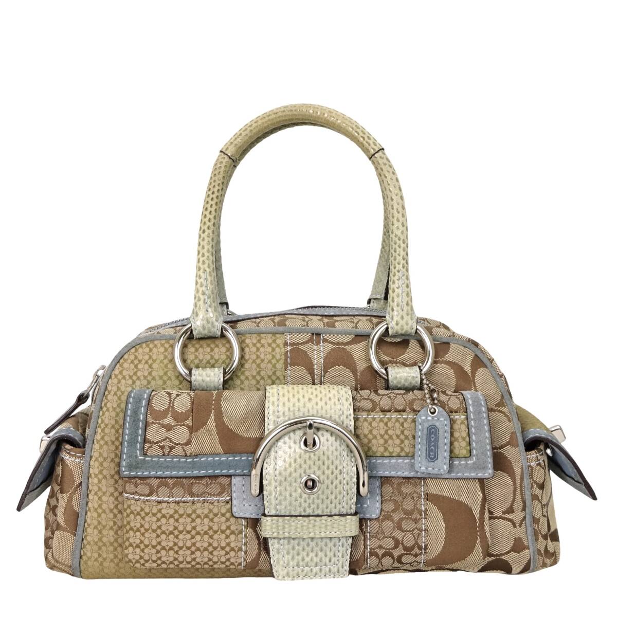 本物 良品■コーチ■シグネチャー パッチワーク ソーホー サッチェル ベージュ ブルー ハンドバッグ ミニ トートバッグ ミニボストンバッグ拍卖