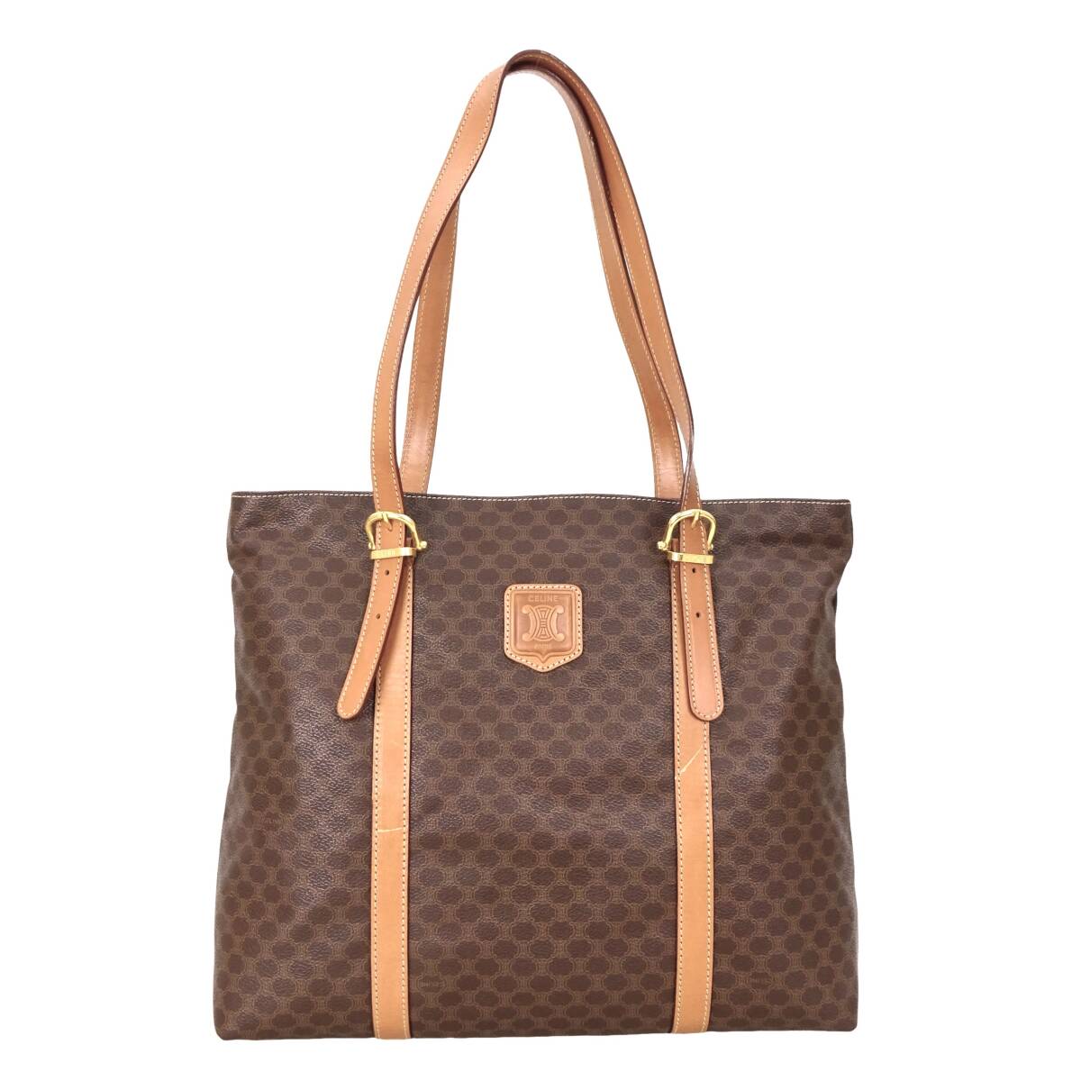 本物 良品 ■セリーヌ■マカダム ブラウン PVC キャンバス ゴールド ハンドバッグ ショルダートートバッグ拍卖