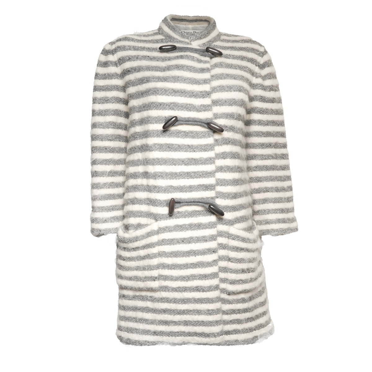 クリスチャンディオール Christian Dior コート Size:9 ボーダー ウール ダッフルコート ホワイト グレー拍卖