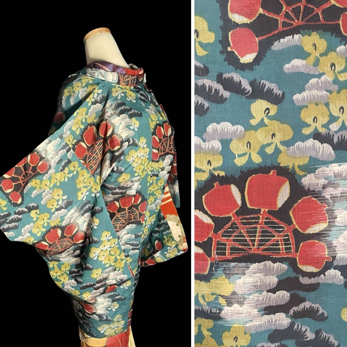 【まり葉屋】アンティーク着物 長羽織 御召銘仙 松 槌車 昭和モダン 昭和レトロ 大正ロマン 大正浪漫 758拍卖