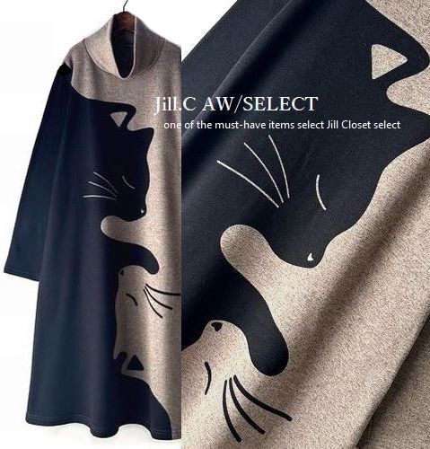 新品*BEIGE【送料185円】伸縮◎遊び心あふれる猫ちゃんpt*裏薄起毛 プルオーバー*ワンピース*リラクシーなオフタートルネック♪7755拍卖