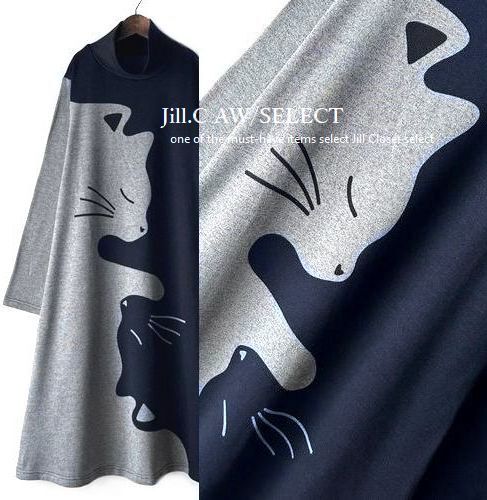 新品*NAVY【送料185円】伸縮◎遊び心あふれる猫ちゃんpt*裏薄起毛 プルオーバー*ワンピース*リラクシーなオフタートルネック♪7755拍卖