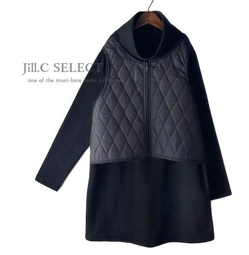 新品*GRAY×BLACK【送料185円】伸縮◎レイヤード風 キルト×暖かい裏薄起毛ニットソー*オフタートルネック*プルオーバー*チュニック4185拍卖