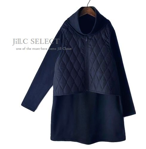 新品*NAVY×NAVY【送料185円】伸縮◎レイヤード風 キルト×暖かい裏薄起毛ニットソー*オフタートルネック*プルオーバー*チュニック4185拍卖