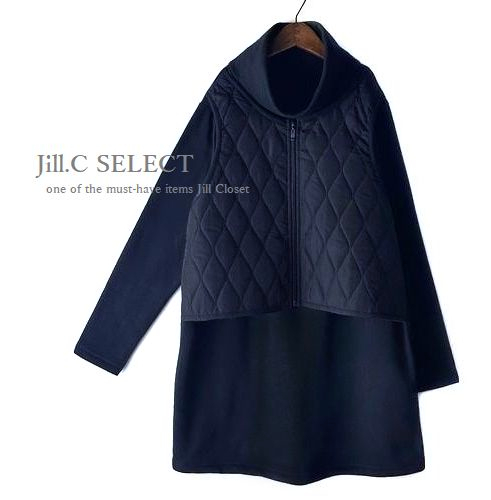 新品*NAVY×NAVY【送料185円】伸縮◎レイヤード風 キルト×暖かい裏薄起毛ニットソー*オフタートルネック*プルオーバー*チュニック4185.拍卖