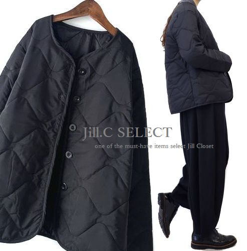 新品【送料185円】中綿入りノーカラーキルティングジャケット*フロントボタン*軽量で暖かい♪カジュアルにもエレガントにも対応*7726.BK拍卖