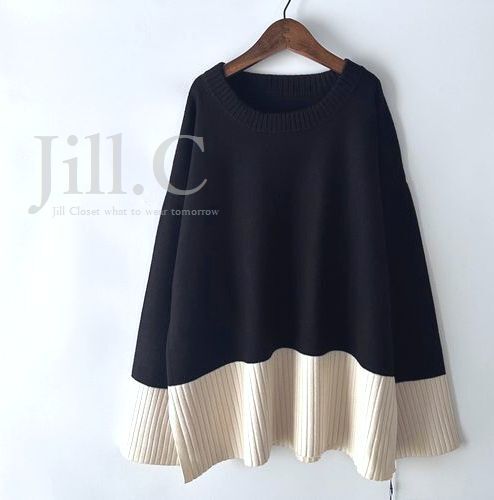 新品【送料185円】伸縮◎秋冬のお洒落が楽しくなる♪バイカラー*ハイゲージニット*ストレッチ プルオーバー*チュニック7758.BKIV拍卖