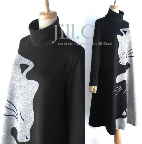 新品*BLACK【送料185円】伸縮◎遊び心あふれる猫ちゃんpt*裏薄起毛 プルオーバー*ワンピース*リラクシーなオフタートルネック♪7755拍卖