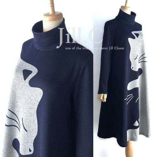 新品*NAVY【送料185円】伸縮◎遊び心あふれる猫ちゃんpt*裏薄起毛 プルオーバー*ワンピース*リラクシーなオフタートルネック♪7755拍卖