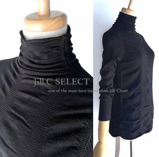 新品【送料185円】万能♪伸縮性抜群 シャーリングストレッチニット×リブ*緩やかハイネックdesign*通勤オフィス対応◎プルオーバー4197.bk拍卖