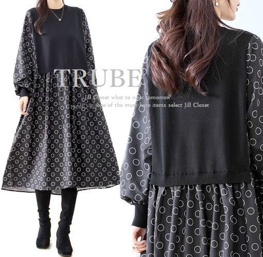 新品L~LL【送料185円】伸縮◎レイヤード風*異素材切り替えデザイン*サークルドットパネル*プルオーバー*ワンピース7749.BLACK拍卖