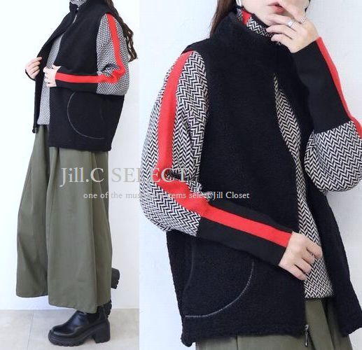 新品【送料185円】 ジップアップ*ハイネックdesign*ボアベスト*ポケット付き♪7763.BLACK拍卖