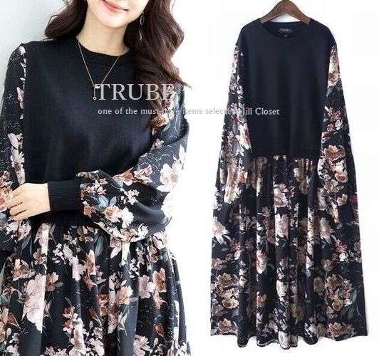 新品L~LL【送料185円】伸縮◎レイヤード風*異素材切り替えデザイン*サークルドットパネル*プルオーバー*ワンピース7750.BLACK拍卖