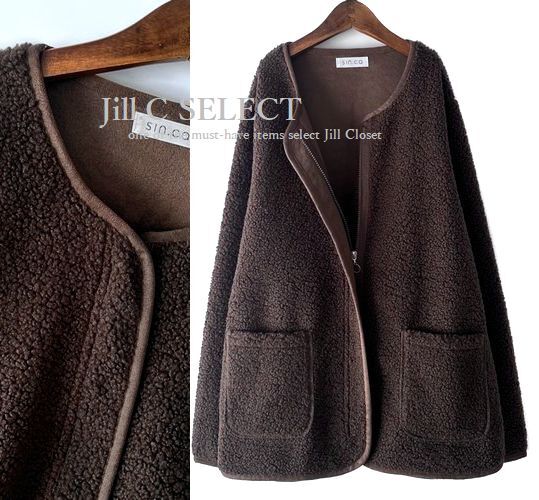 新品【送料185円】ノーカラー ボアブルゾン*フロントジッパー&パイピングdesign*オーバーサイズ7719.BROWN拍卖