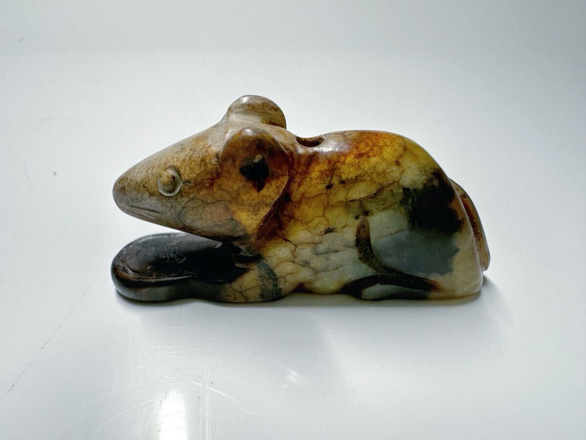 「亭」111 天然古玉手彫りねずみ鼠 48mm古玉製 老玉 唐物 古美術 極細工 古擺件拍卖