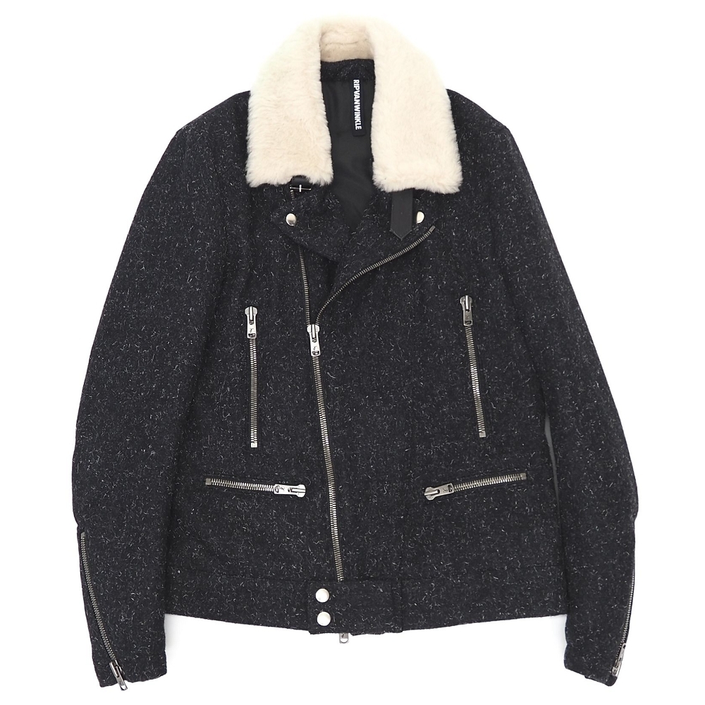 J06188 未使用品 RIPVANWINKLE/襟ムートン ライダースジャケット【サイズ:S】T.Black ケンピウール リップヴァンウインクル メンズ拍卖