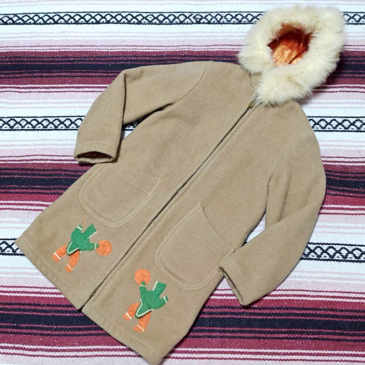 本物の重量感◎70s 80s ビンテージ◎【INUVIK】イヌヴィック ウールコート ファー ネイティブ TALON タロンジッパー ベージュ 8 /Y37913ii拍卖