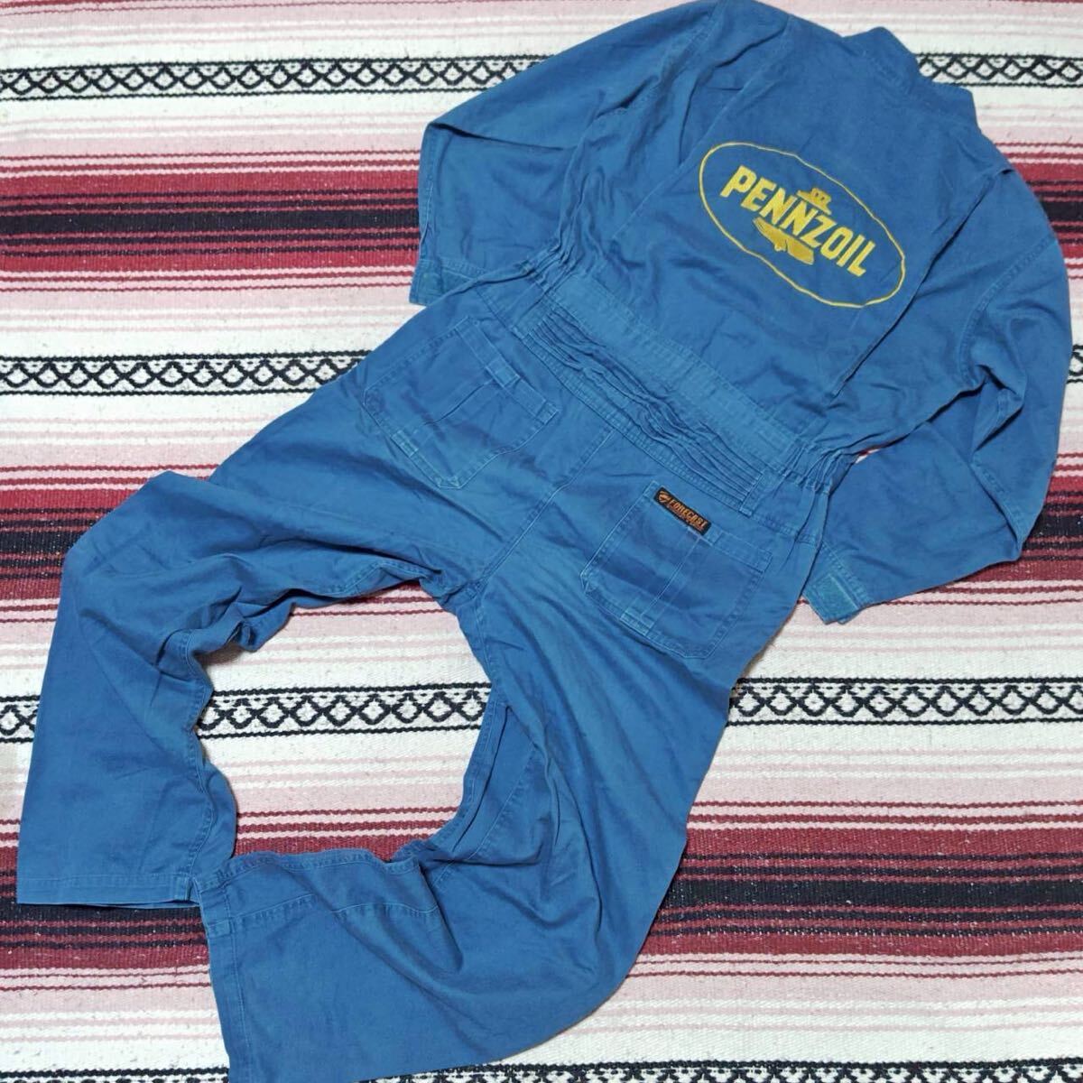 PENNZ OIL 刺繍◎【FORECAST】オールインワン つなぎ ワークウェア 長袖 車 バイク 整備士 アメカジ 古着コーデ ブルー系 LL /Y38293ji拍卖