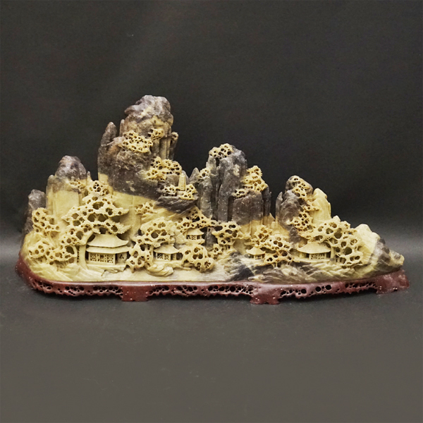 中国美術 中国古玩 特大楼閣山水図 立体高彫花図 玉製 砡製 寿山石 砡精密細工造 東洋彫刻 唐物 時代 骨董 幅約63×重量約14㎏ 古美術品拍卖