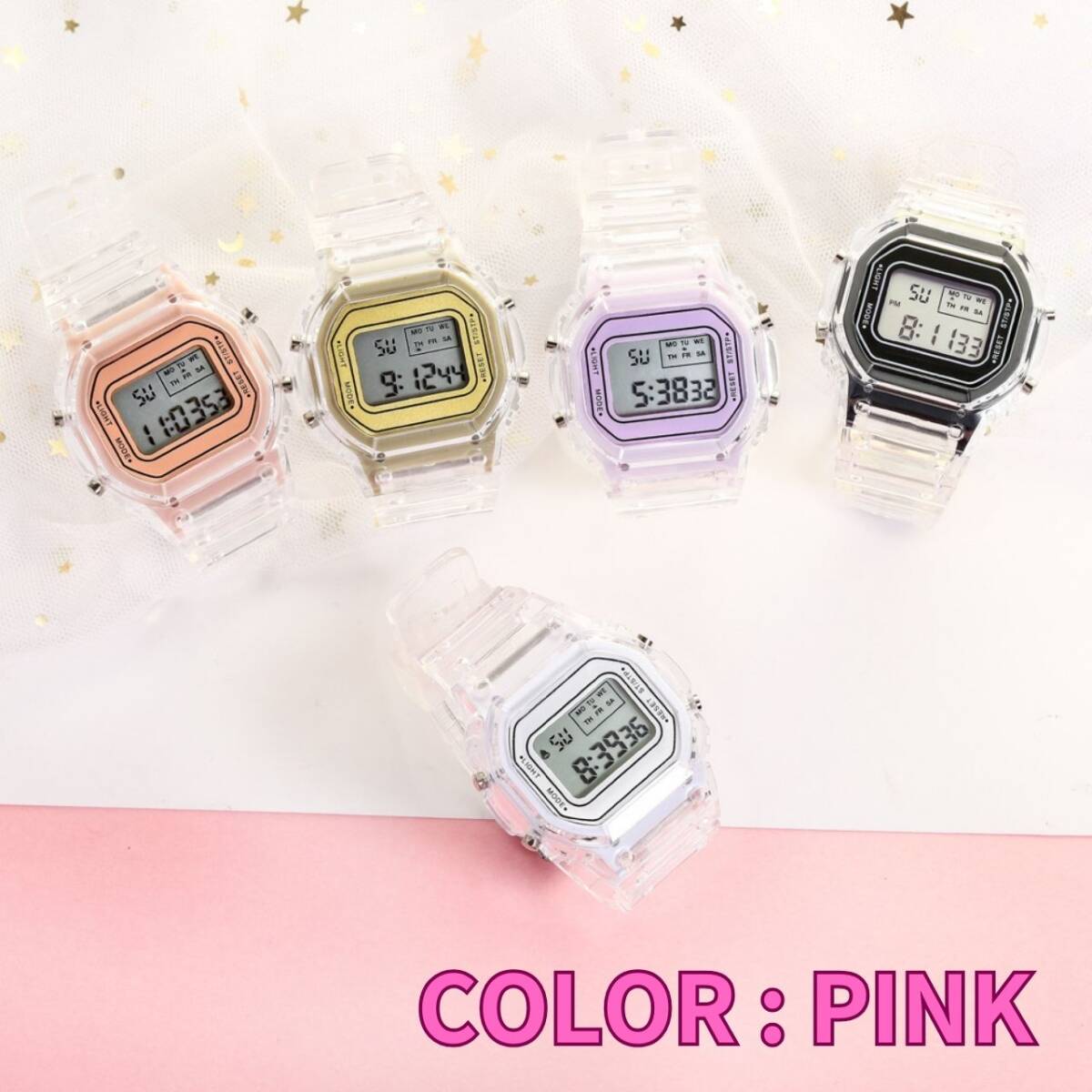デジタル 腕時計 桃 クリアバンド 防水 メンズ アラーム デジタル腕時計 レディース拍卖