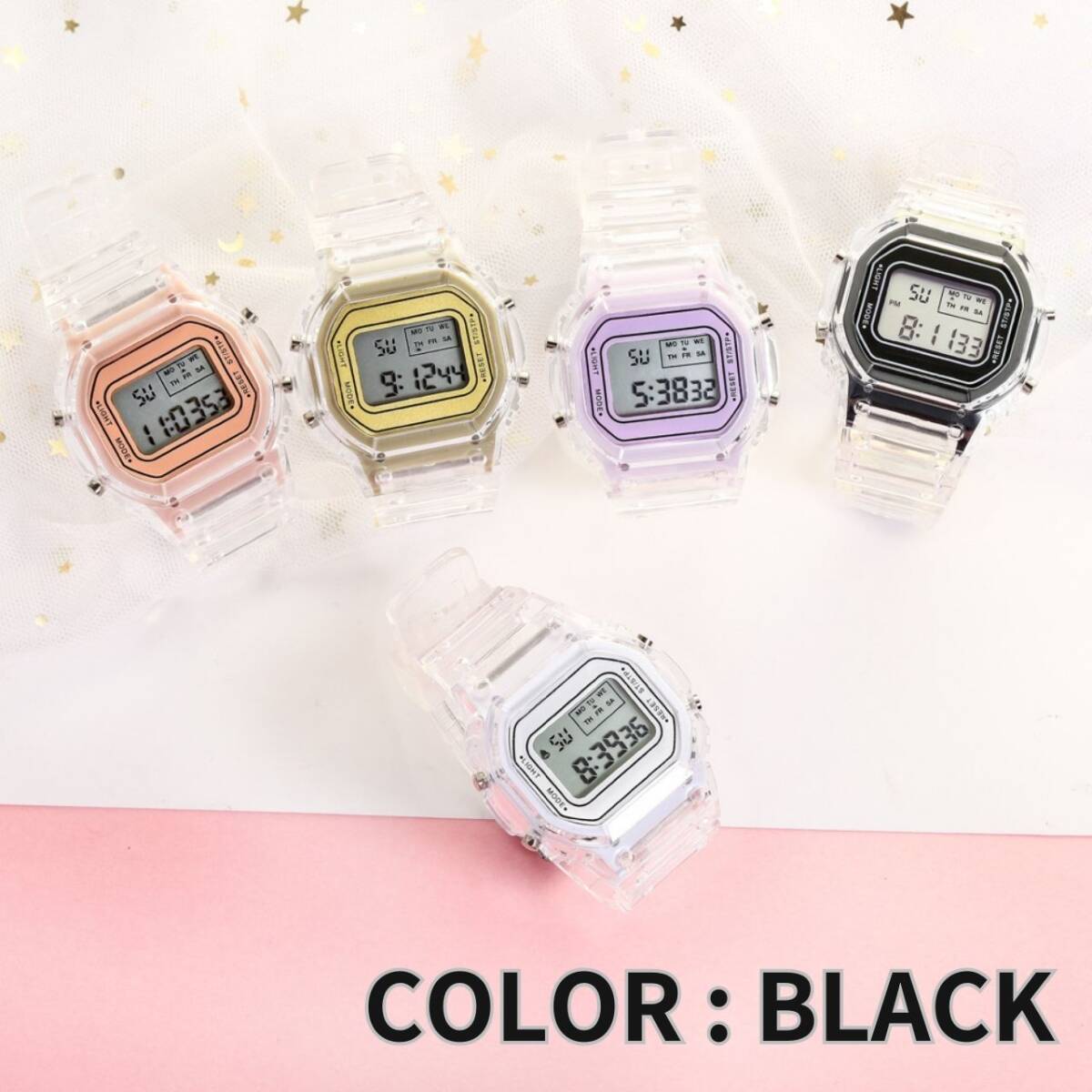 アラーム 黒 デジタル腕時計 クリアバンド 腕時計 防水 デジタル メンズ レディース拍卖