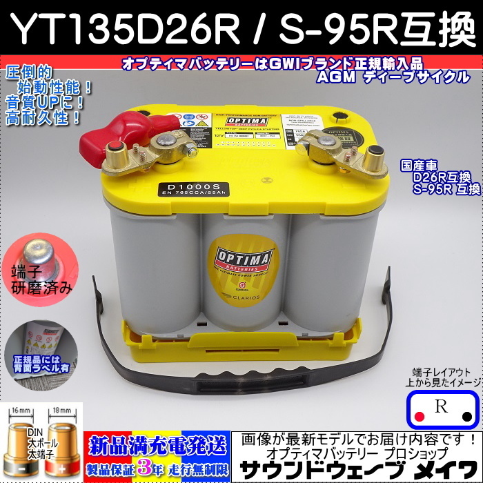 ●新品●オプティマ イエロー YT135D26R / S-95R 【OPTIMAバッテリー専門店 安心のGWIブランド 正規品3年保証&満充電拍卖
